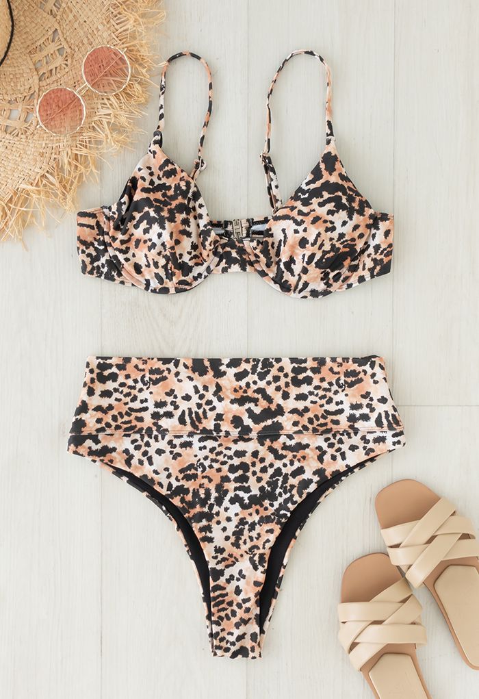 Set bikini a vita alta bustier con stampa leopardata