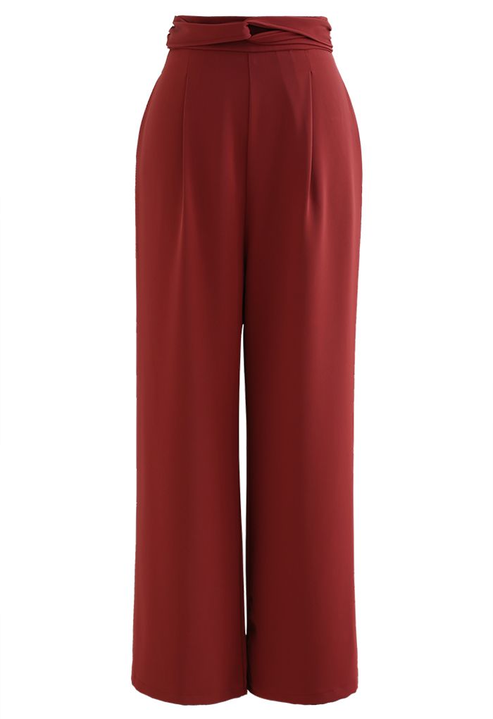 Pantaloni comodi con drappeggio a nastro incrociato in rosso ruggine