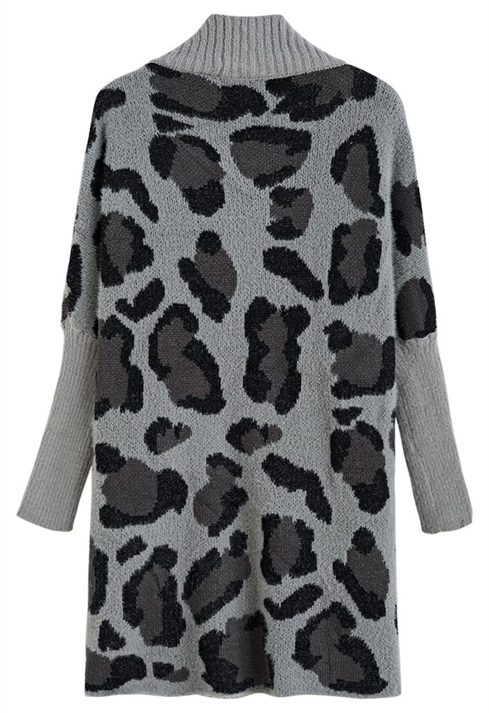 Cardigan aperto sul davanti con maniche a pipistrello leopardato fuzzy in grigio