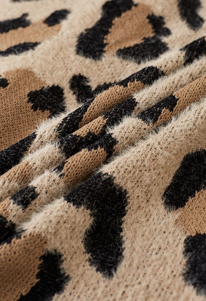 Cardigan aperto sul davanti con maniche a pipistrello leopardato fuzzy color cammello