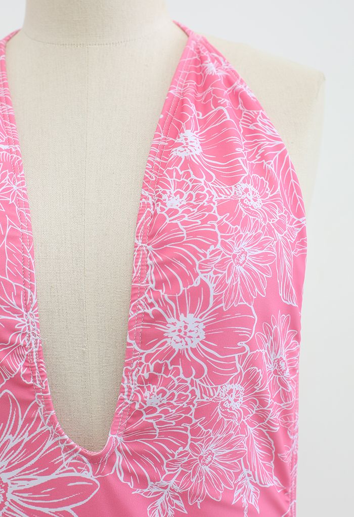 Costume da bagno floreale con schiena scoperta in rosa