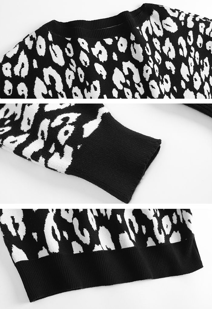 Maglione con maniche a pipistrello in jacquard leopardato in nero