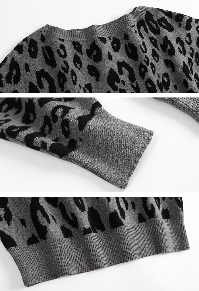 Maglione con maniche a pipistrello in jacquard leopardato in grigio