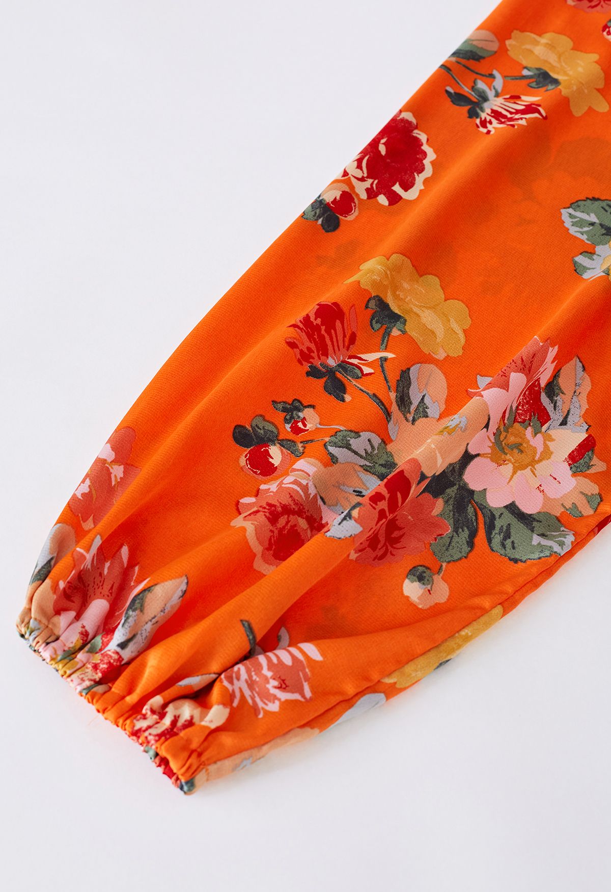 Dreamy Bouquet Printed Bubble Sleeves Frilling Dress in Orange