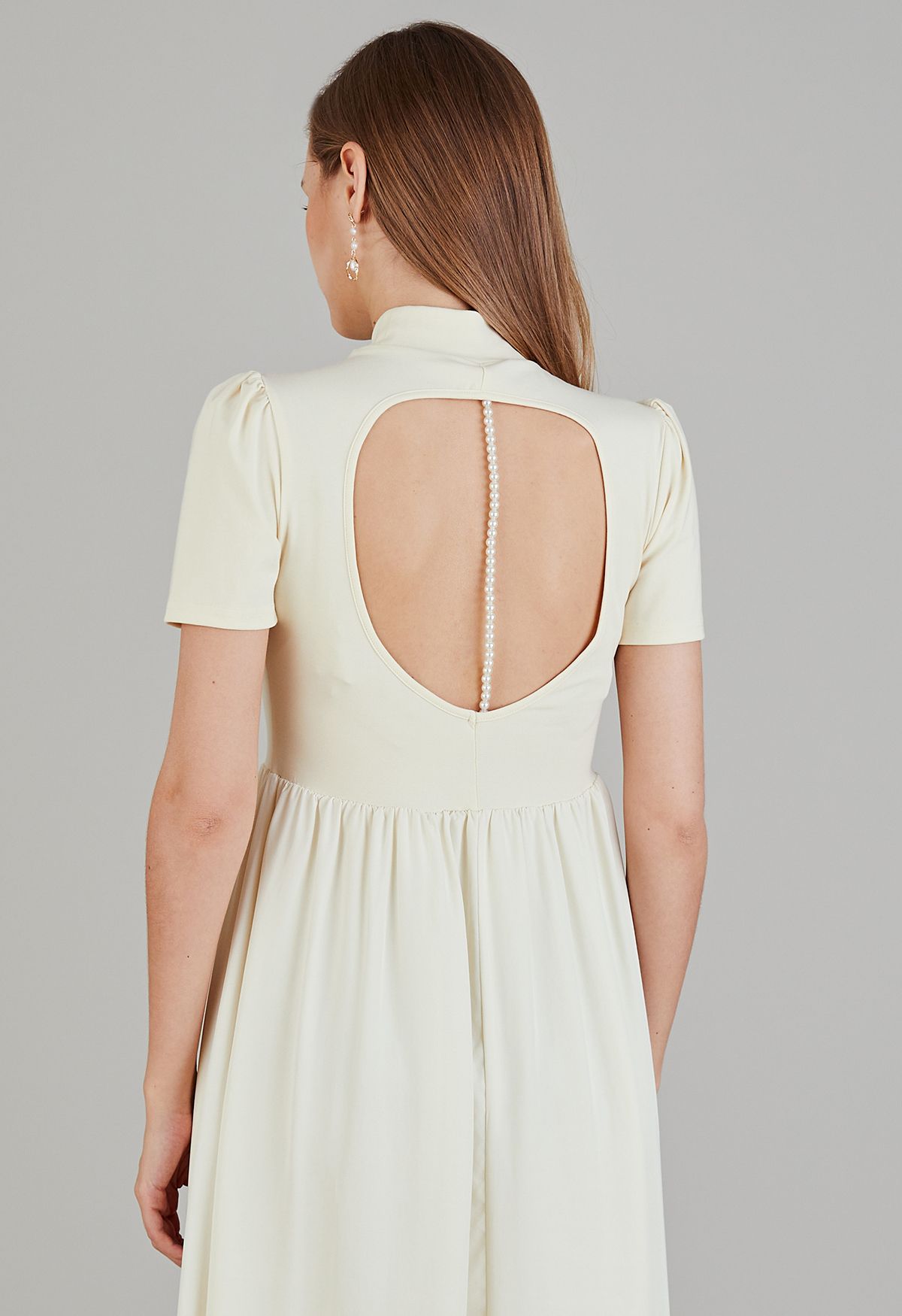 Pearly Cutout Back Short-Sleeve Dress in Cream