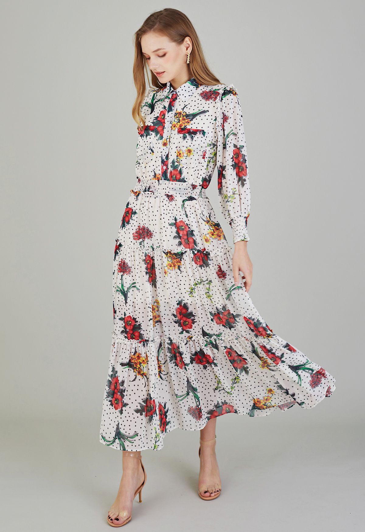 Polka Dot Floral Printed Chiffon Maxi Dress