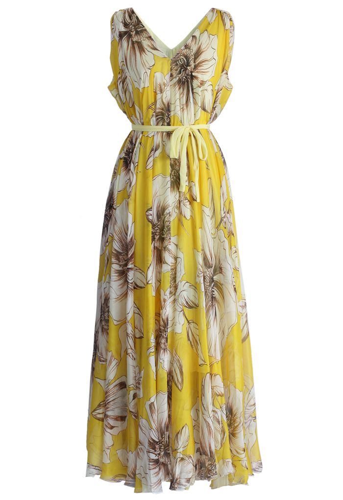 Meraviglioso vestito lungo in chiffon floreale in giallo