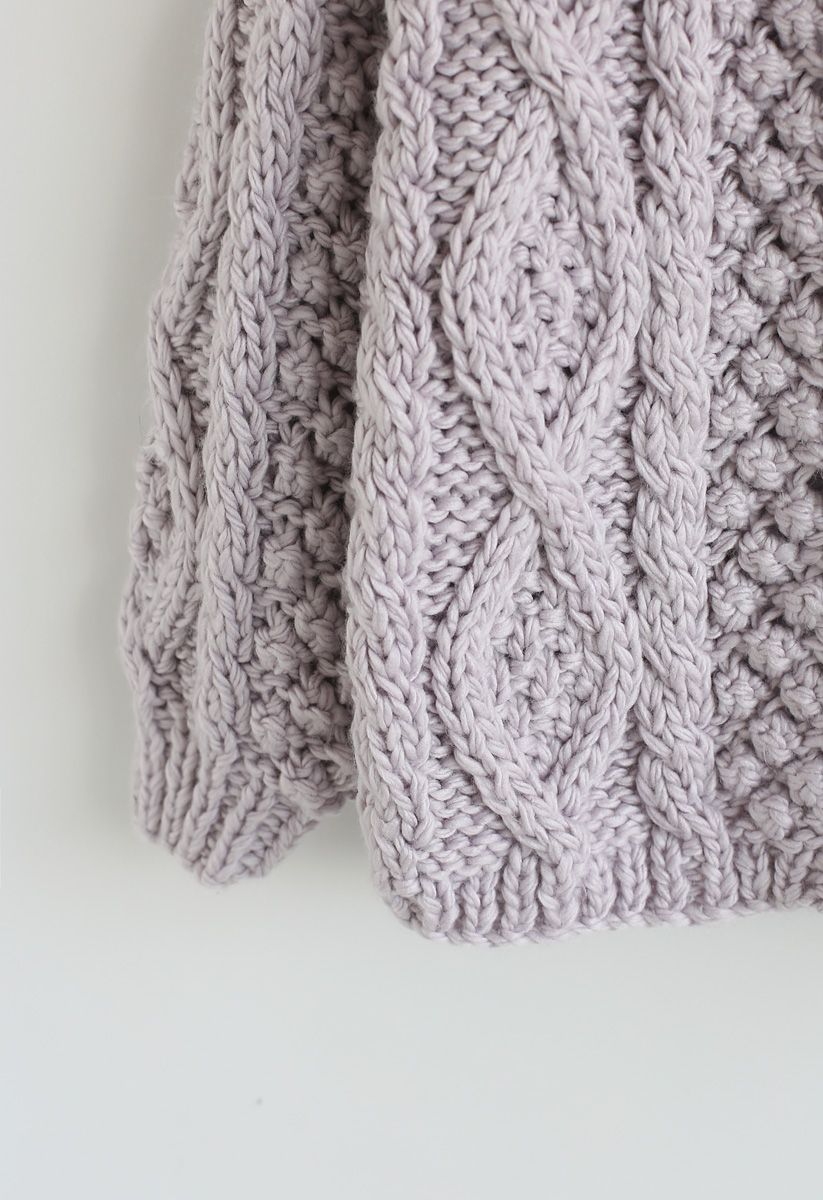 Cardigan invernale in maglia a trecce color lavanda