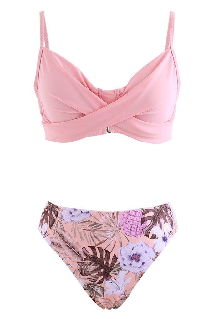 Set copricostume per bikini anteriore incrociato floreale fresco in rosa