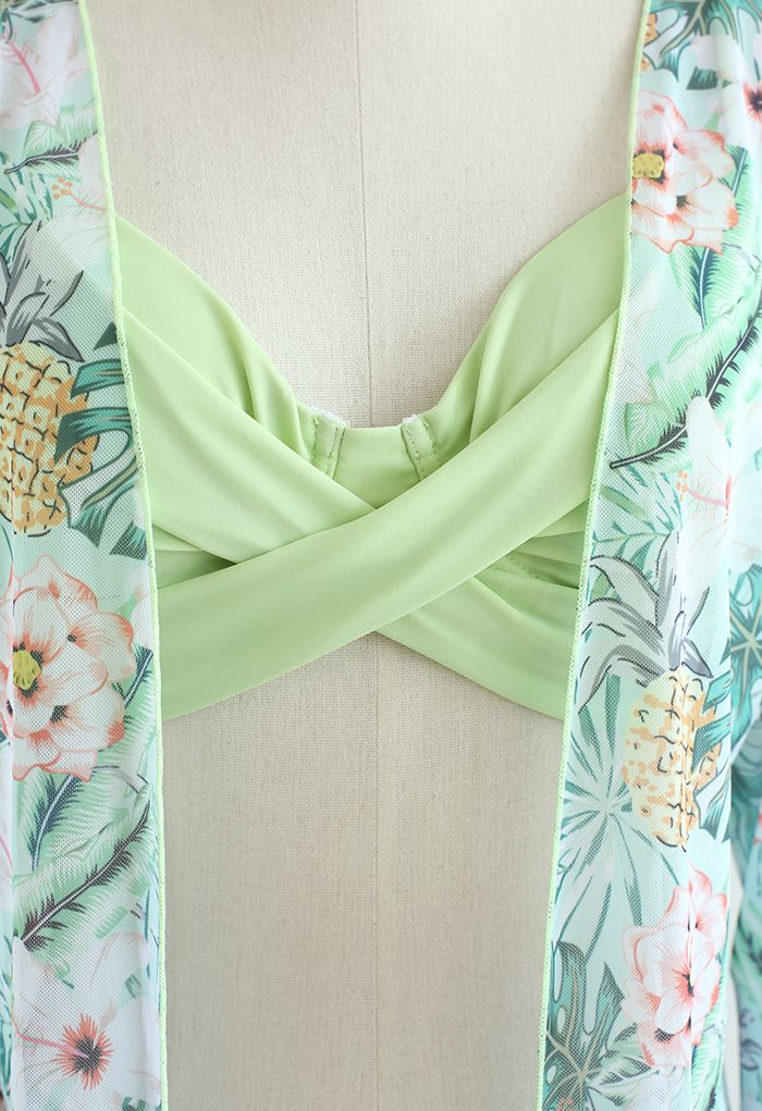 Set copricostume per bikini anteriore incrociato floreale fresco in verde chiaro