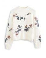 Maglione in maglia ricamato con stampa floreale digitale color crema