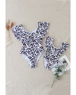 Costume da bagno con volant a strati con stampa leopardata per mamma e bambini