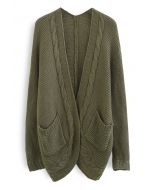 Cardigan in maglia intrecciata con tasca frontale aperta in verde militare