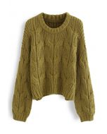 Maglione corto in maglia intrecciata con scollo tondo in verde muschio