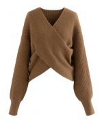 Maglione corto in maglia a coste incrociate color caramello