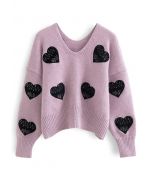 Maglione in maglia con scollo a V e toppa del battito cardiaco in lilla