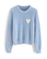 Maglione morbido in maglia fuzzy con toppa a cuore perlato in blu