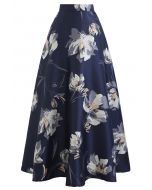 Gonna lunga in jacquard floreale in fiore blu navy