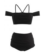 Set bikini a spalla fredda in rete arricciata in nero