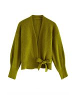 Top in maglia a portafoglio con fiocco da annodare in verde oliva
