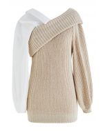 Maglione in maglia a costine con spalle ripiegate color cammello