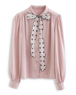 Camicia in raso con fiocco in rete a pois da annodare in rosa