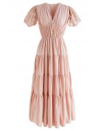 Cutwork Detail V-Neck Cotton Dress in Pink