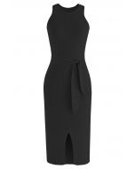 Front Slit Tie Waist Sleeveless Knit Dress in Black