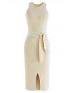Front Slit Tie Waist Sleeveless Knit Dress in Sand