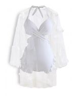 Costume da bagno a balze con allacciatura all'americana e kimono in rete bianco